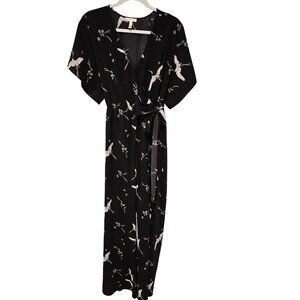 Leith Woman Size M Jumpsuit Wide Leg Wrap Front Black/White Asian Crane Print